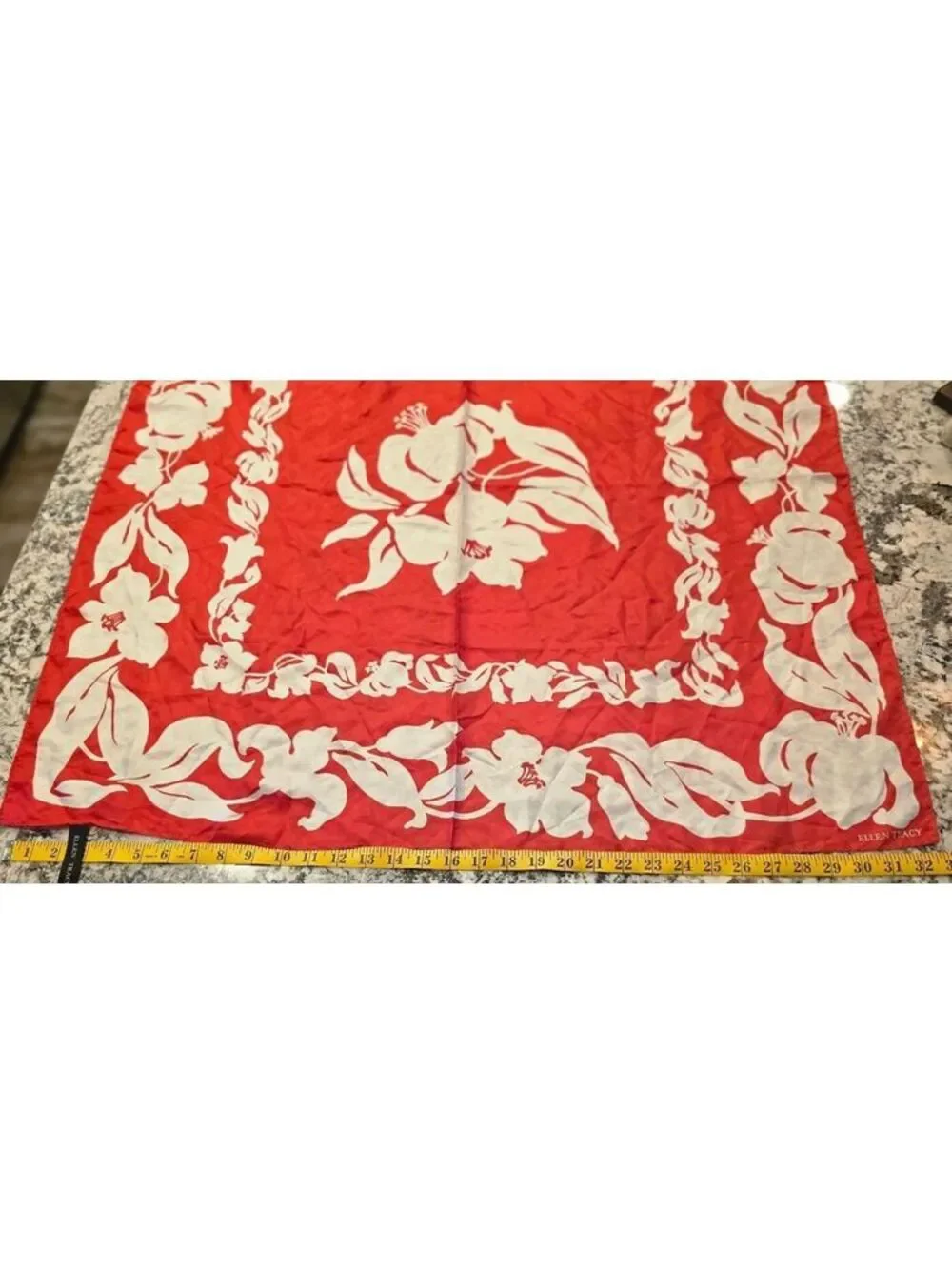 Vintage Ellen Tracy Red White Hibiscus Floral 100% Silk Square Scarf